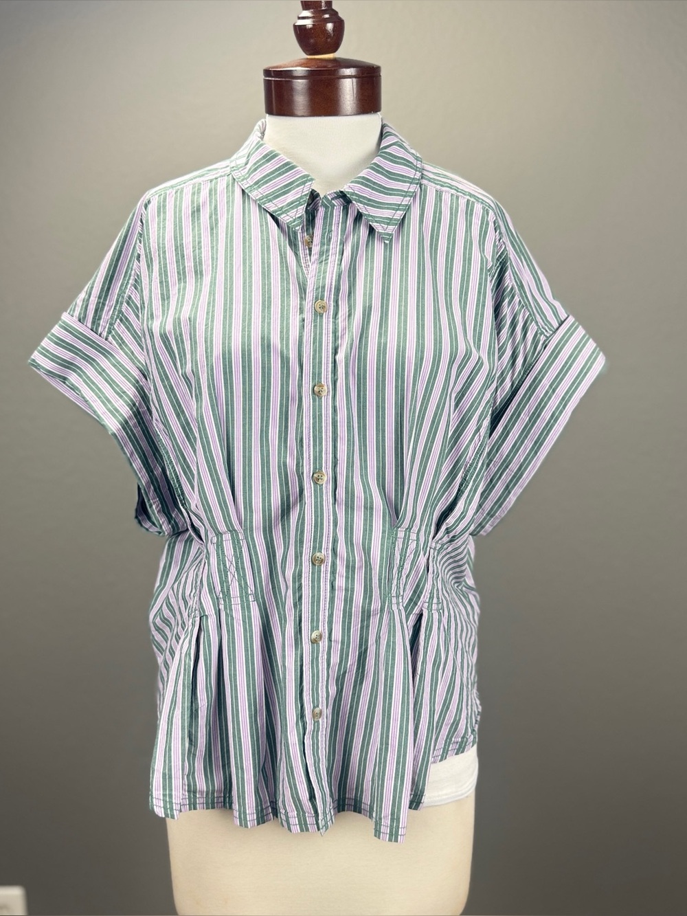 PILCRO Anthropologie NWT Sz 1X Bobbie Short Sleeve fitted waist blouse Stripe